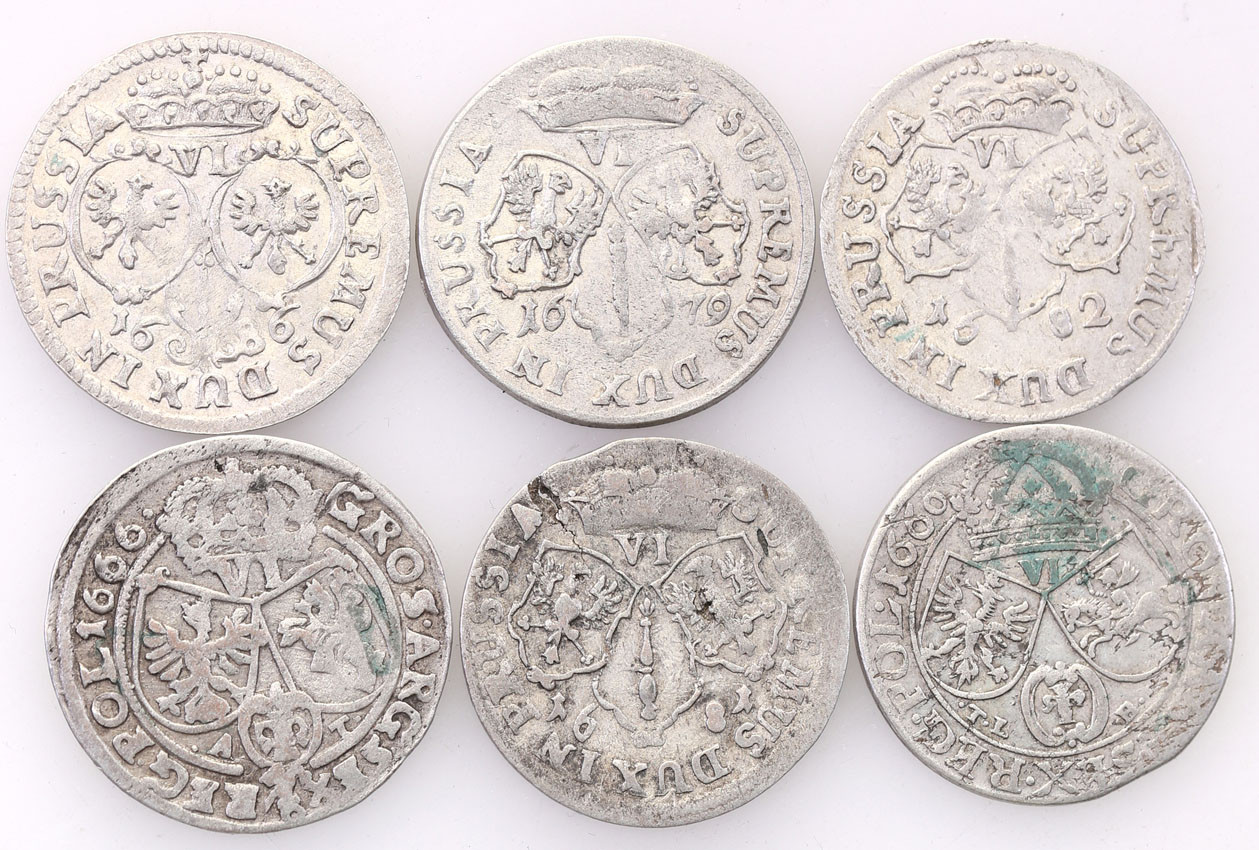 Jan II Kazimierz/ Fryderyk Wilhelm. Szóstaki (6 groszy), zestaw 6 monet